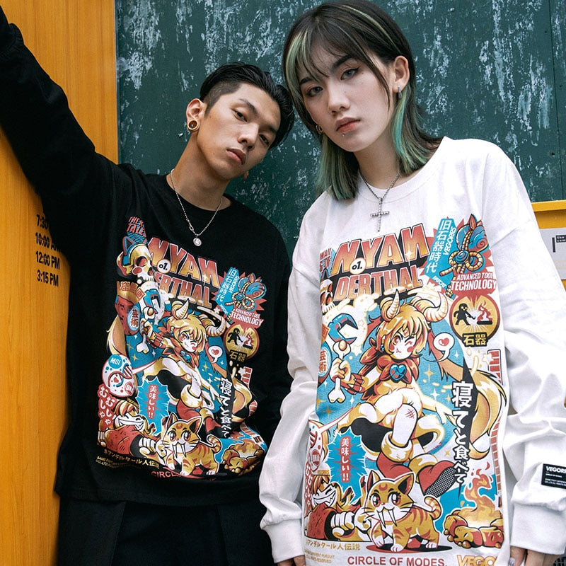 Men Hip Hop T Shirt Funny Anime Girl Japanese Harajuku Streetwear Tshirt Long Sleeve Tops Tees Cotton Loose Cartoon T-Shirts