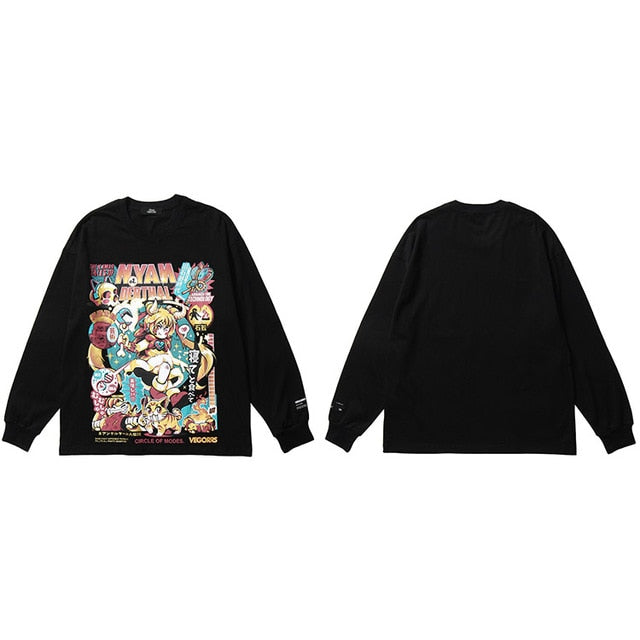 Men Hip Hop T Shirt Funny Anime Girl Japanese Harajuku Streetwear Tshirt Long Sleeve Tops Tees Cotton Loose Cartoon T-Shirts