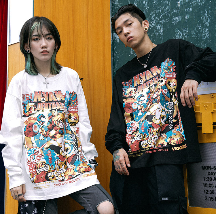 Men Hip Hop T Shirt Funny Anime Girl Japanese Harajuku Streetwear Tshirt Long Sleeve Tops Tees Cotton Loose Cartoon T-Shirts